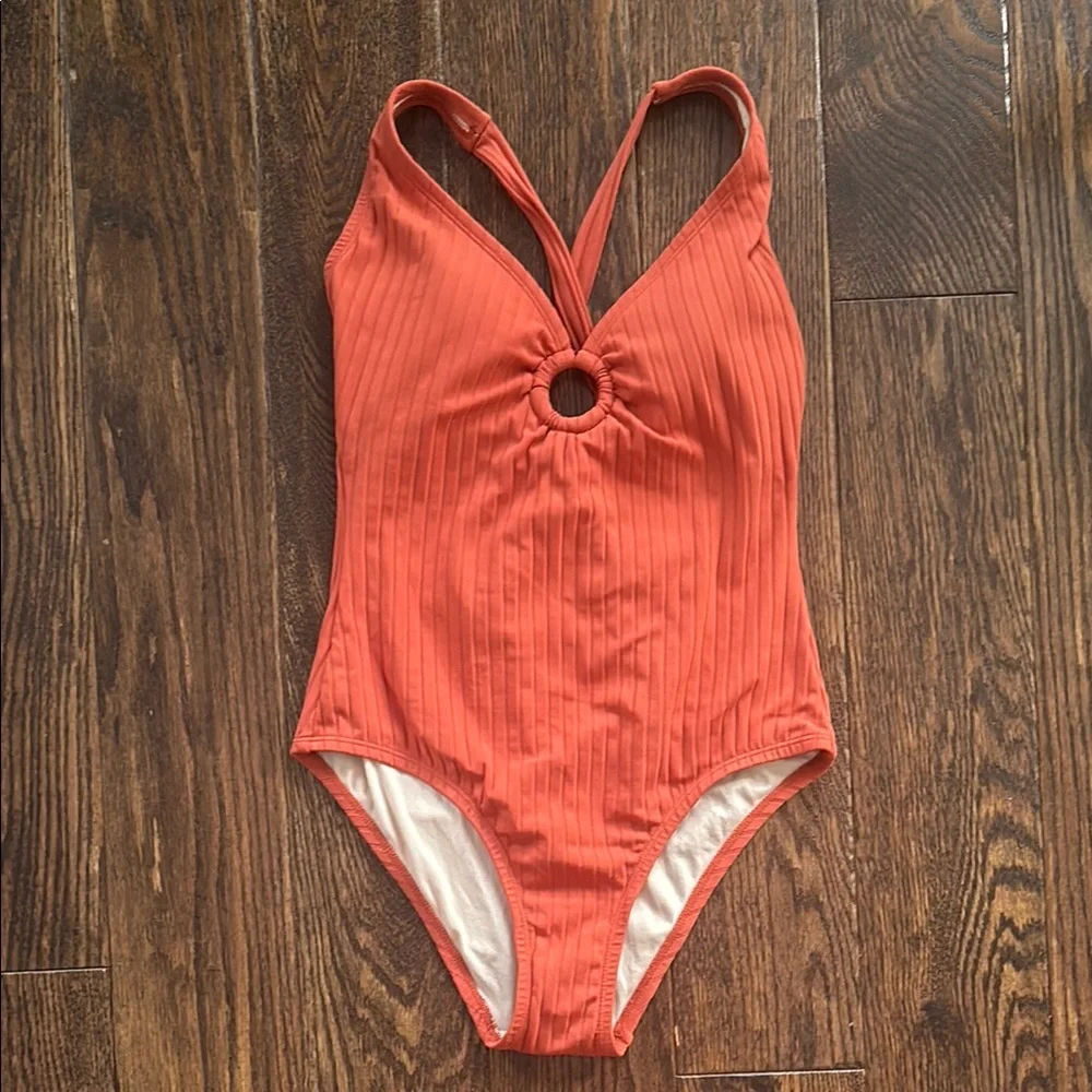 Kona Sol Ribbed One Piece Swimsuit in Coral - Picture 1 of 4